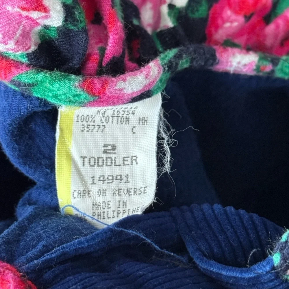 Vintage 80s 90s Blue Corduroy Floral Collar Jumper Romper Outfit Toddler 2T